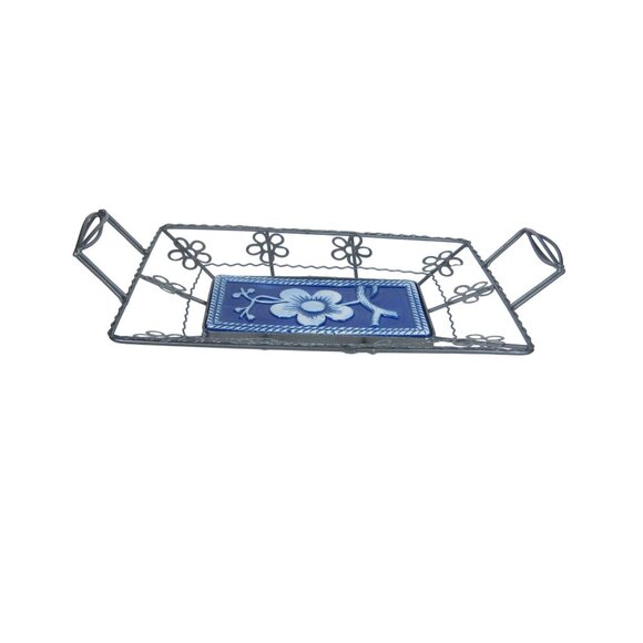 Wire Basket Blue Floral Ceramic Centerpiece Rustic Farmhouse 17 inch - Picture 7 of 10